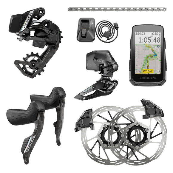 SRAM Force eTap AXS Road Groupset - 2x12-Speed HRD Shift/Brake Levers FM Calipers Rotors Chain F/R Derailleurs Hammerhead Karoo E1